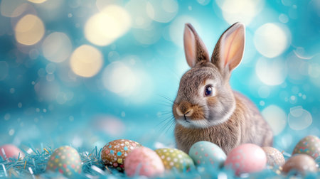 Cute rabbit and colorful easter eggs on blue background with bokeh, copy space.の素材