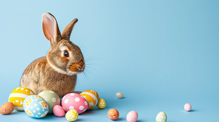 Adorable bunny with easter eggs on a blue background: card design.の素材