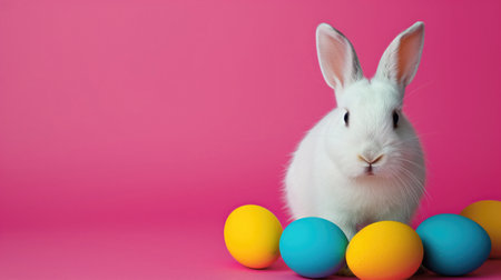 Festive bunny rabbit with colorful easter eggs on pink background.の素材