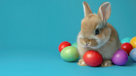 Happy easter bunny rabbit with eggs on a blue background, text space.の素材