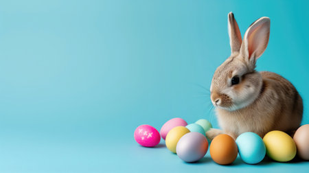 Bunny rabbit and eggs on blue background: easter holiday concept, copy space.の素材
