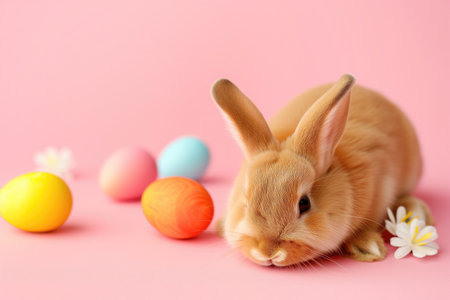 Easter bunny rabbit and eggs on pink background.の素材