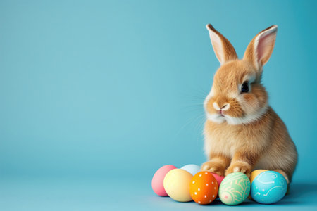 Festive easter bunny on blue background with eggs, copy space.の素材