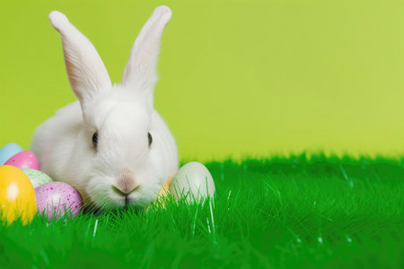 Easter bunny with painted eggs on green grass, text space.の素材