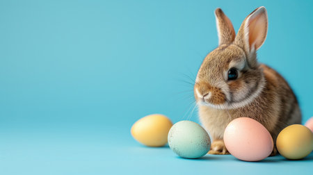 Little rabbit with multicolored easter eggs, text space.の素材