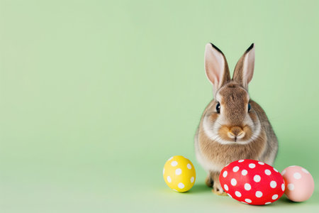 Bunny portrait on a green background: easter card template, copy space.の素材