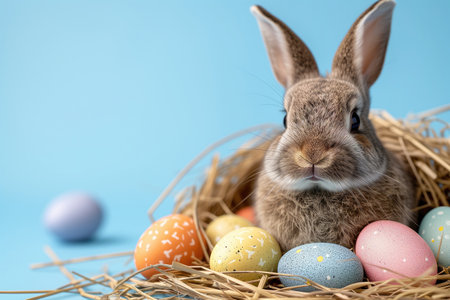 Fluffy rabbit in nest with colored eggs, Easter concept, text space.の素材
