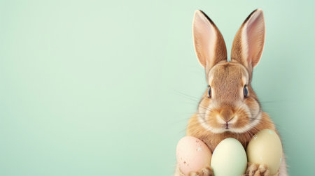 Easter bunny holding egg on a green background: card template, copy space.の素材