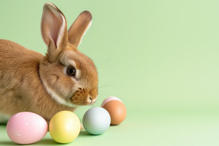 Easter bunny on green background with copy space: card design.の素材