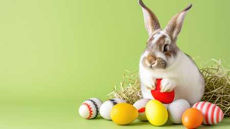 Pretty bunny with easter eggs on green background.の素材