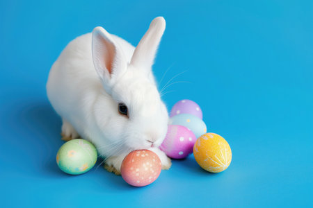 Cute rabbit with easter eggs decoration on a blue background.の素材