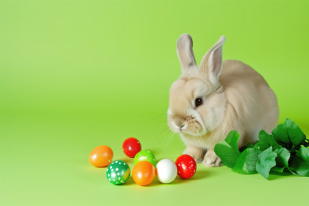 Easter bunny and painted eggs: postcard design.の素材