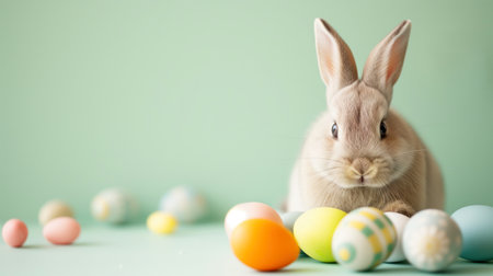 Cute bunny and multicolor easter eggs on a green background with copy space.の素材