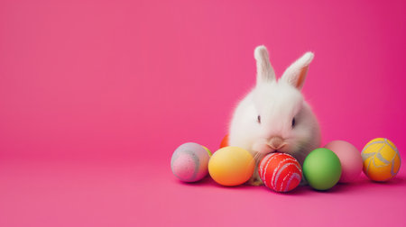Easter bunny rabbit and eggs on pink background with copy space.の素材
