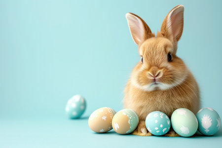 Bunny and pastel eggs on blue background.の素材