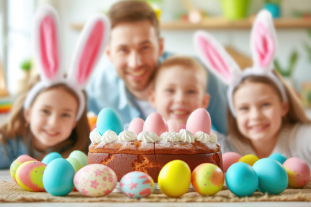 Father and children at festive dinner table with Easter cake and eggs.の素材