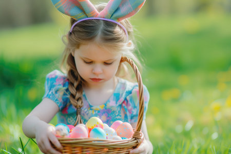 Lovely girl in bunny ears explores Easter egg hunt with basket on green lawn.の素材