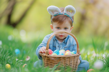 Adorable little boy wearing bunny ears on Easter egg hunt. Happy Easter!の素材