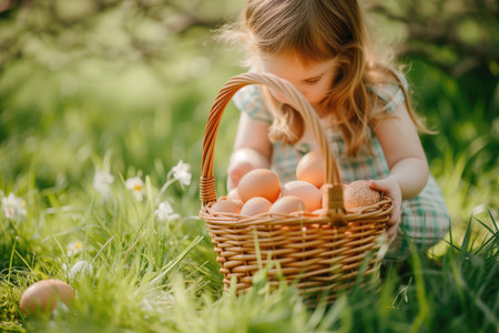 Sweet girl hunts Easter eggs with basket amid lush garden scenery.の素材