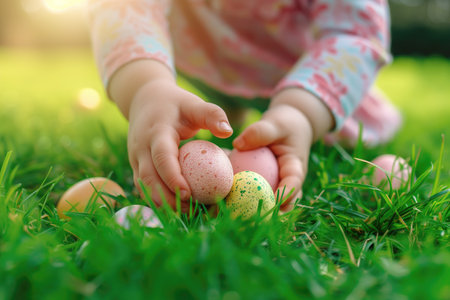 Close up of toddler's hands holding easter eggs in the grass.の素材