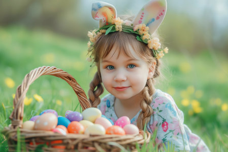 Little girl with bunny ears hunts for Easter eggs in vibrant nature.の素材