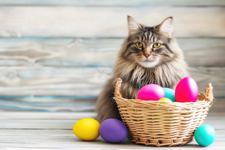 Cat with Easter eggs in basket on wooden background, copy space.の素材