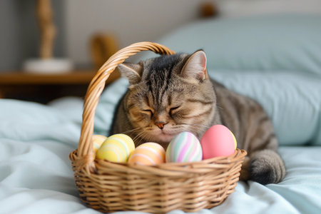 Cute tabby cat with easter eggs in basket on bed.の素材