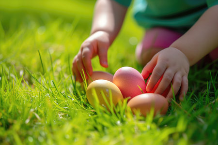 Boy's hands looking for Easter colored eggs in green grass.の素材
