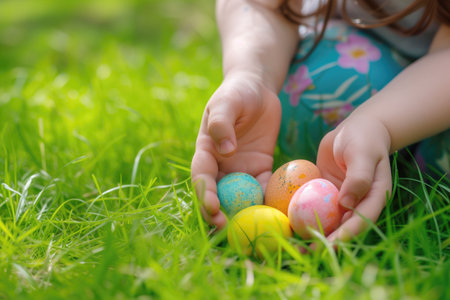 Close up of children's hands looking for colored eggs in the grass. Happy Easter.の素材