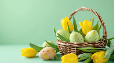 Invitation card adorned with Easter symbols: painted eggs, a bouquet of yellow tulips in a decorative basket on green background, space text.の素材