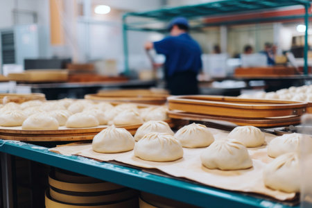 Fresh steamed baozi in a food factory. Selective focus.の素材