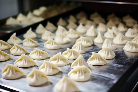 Automated process of making dumplings on a conveyor.の素材