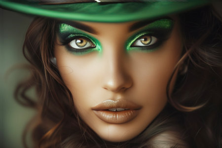 A young woman adorned in green makeup and a leprechaun hat to mark Patrick's Day, an Irish national celebration.の素材