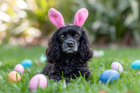 In the garden, a black Spaniel dog wearing bunny ears sits among various colorful Easter eggs on the green grass.の素材