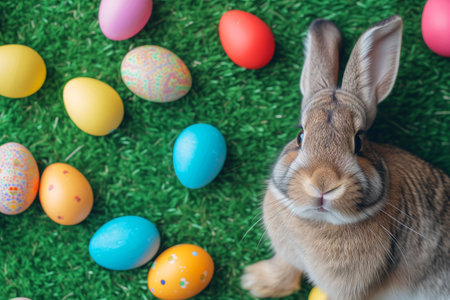 Happy easter concept: bunny surrounded by colorful eggs on grass.の素材
