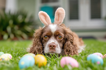 Cute brown and white spaniel dog in bunny ears with colorful easter eggs.の素材