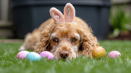 Adorable Spaniel dog in bunny ears and colorful easter eggs on green grass.の素材