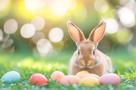 Easter bunny with colorful eggs: festive template for spring designs.の素材