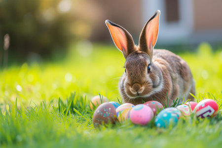 Happy easter concept: cute bunny amidst colorful eggs - design template, text space.の素材
