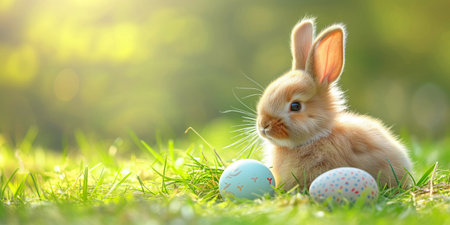 Easter bunny on green grass: copy space for holiday message, banner.の素材