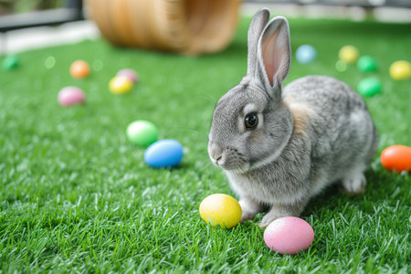 Festive easter bunny with painted eggs.の素材