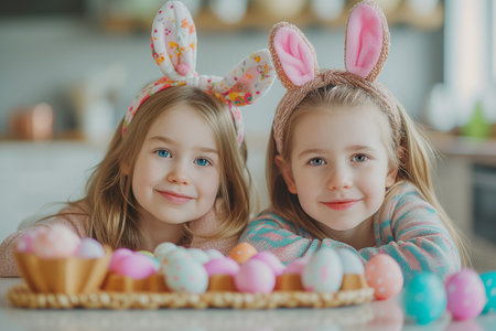 Portrait of two children girls with bunny ears in the kitchen with easter colored eggs on the table.の素材