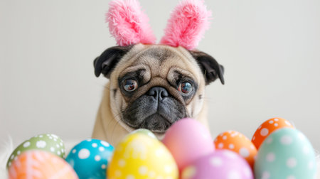 Cute pug dog with bunny ears and colorful easter eggs.の素材