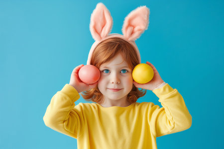 Red haired girl with rabbit ears holding easter eggs on blue background.の素材