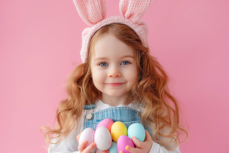 Portrait of kid in rabbit ears: holding easter eggs on pink background - festive joy.の素材