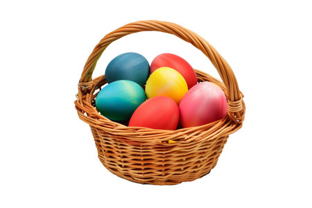 Easter eggs decor in wicker basket, isolated on transparent background - festive design.の素材