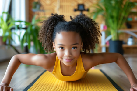 Cute black girl doing physical education on sports mat at home, children healthy lifestyle concept.の素材