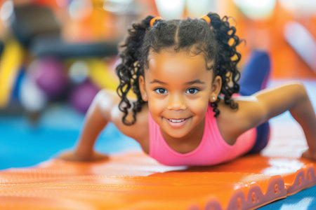 Young african american girl exercising on mat in gym, promoting child fitness and health.の素材