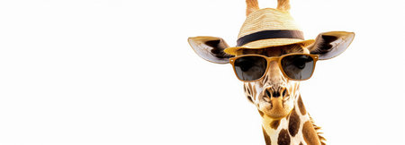 Giraffe wearing hat and sunglasses, white background, adventure ads, copy space.の素材