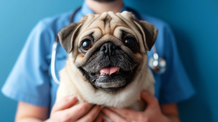 Male vet with a pug dog on a blue background. Professional veterinary care and animal health.の素材